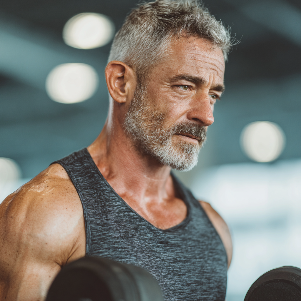 Mature man in his 50s doing strength training with dumbbells in a bright modern gym, wearing athletic wear and displaying focused concentration during his workout session