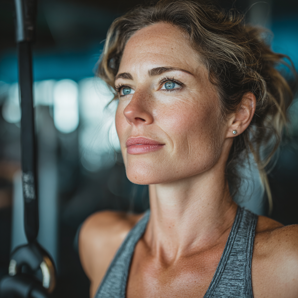 Mature woman in her 40s exercising in modern fitness studio with professional equipment, wearing workout clothes and showing confident, determined expression